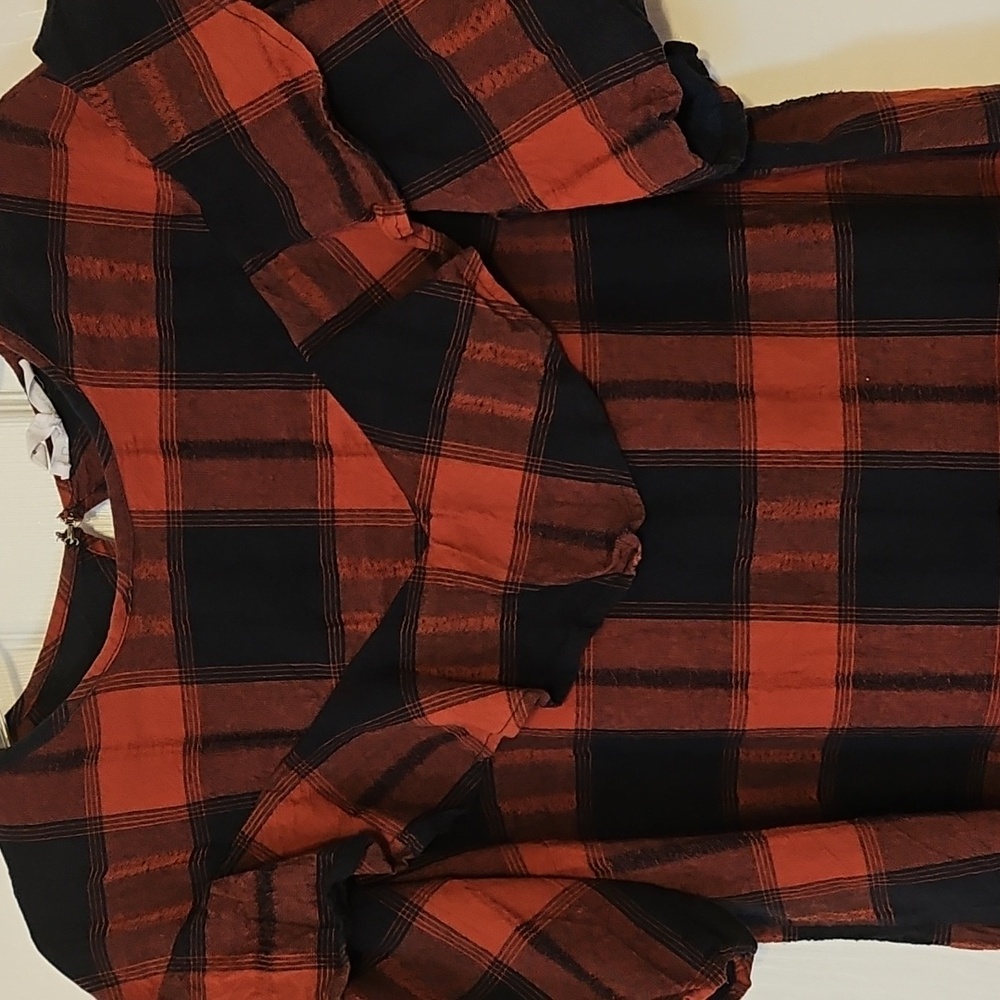 BCBGeneratiom Red and Blue Plaid and Check Blouse with Ruffles - Picture 4 of 15